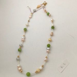 Bead & Pearl Necklace-Spring tones pink & green K2